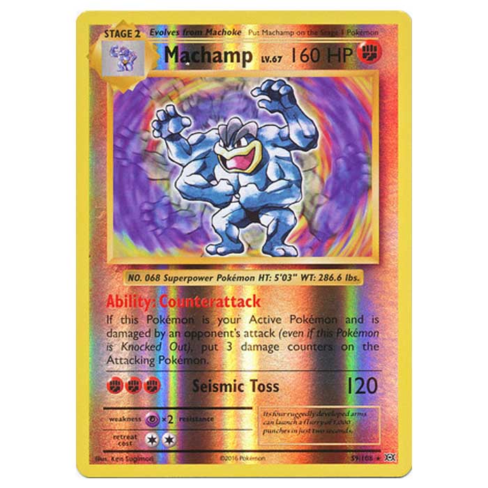 2016 machamp pokemon card 20th Anniversary Theme Deck Holofoil #032/072 any damage done by attacks from Defending Pokemon is reduced by 40 (before applying Weakness and Resistance). 2016 XY Machamp error card?