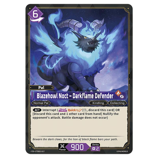 Blazehowl Noct – Darkflame Defender card from the Palworld set Dawn of Palpagos