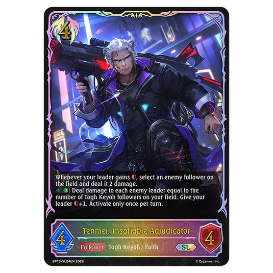 Tenmei, Insatiable Adjudicator BP18-SL24EN card from the Shadowverse: Evolve set Neometropolis