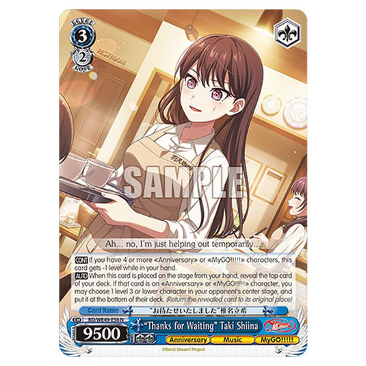 “Thanks for Waiting” Taki Shiina BD/WE49-E56 card from the Weiss Schwarz set BanG Dream! 10th Anniversary!