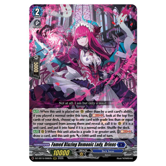 Famed Blazing Demonic Lady, Oriens DZ-SS15/006EN card from the Cardfight!! Vanguard set The Legendary Vanguards