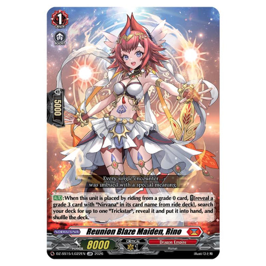 Reunion Blaze Maiden, Rino DZ-SS15/LG22EN card from the Cardfight!! Vanguard set The Legendary Vanguards