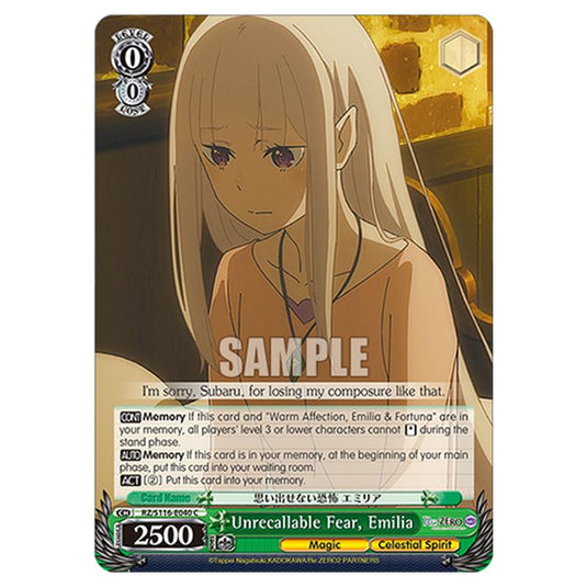 Unrecallable Fear, Emilia RZ/S116-E040 card from the Weiss Schwarz set Re:ZERO -Starting Life in Another World- Vol.3