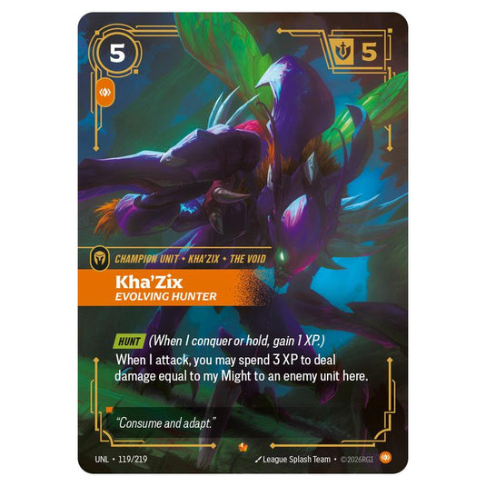 KhaZix Evolving Hunter card from the Riftbound: League of Legends set Unleashed