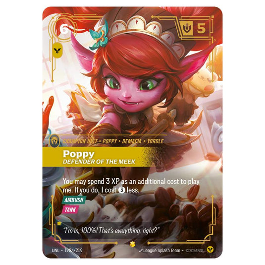 Poppy Defender of the Meek card from the Riftbound: League of Legends set Unleashed