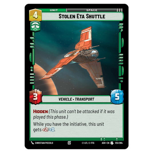 Stolen Eta Shuttle card from the Star Wars Unlimited set Ashes of the Empire
