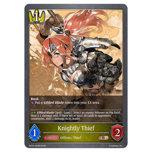 Knightly Thief BP19-034EN card from the Shadowverse: Evolve set Eightfold Retribution & Omens and Heirs