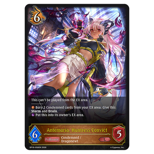 Antemaria, Huntress Convict BP19-056EN card from the Shadowverse: Evolve set Eightfold Retribution & Omens and Heirs