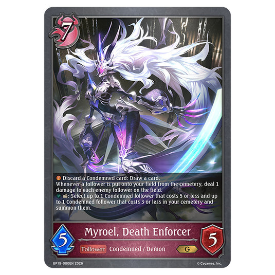 Myroel, Death Enforcer BP19-080EN card from the Shadowverse: Evolve set Eightfold Retribution & Omens and Heirs