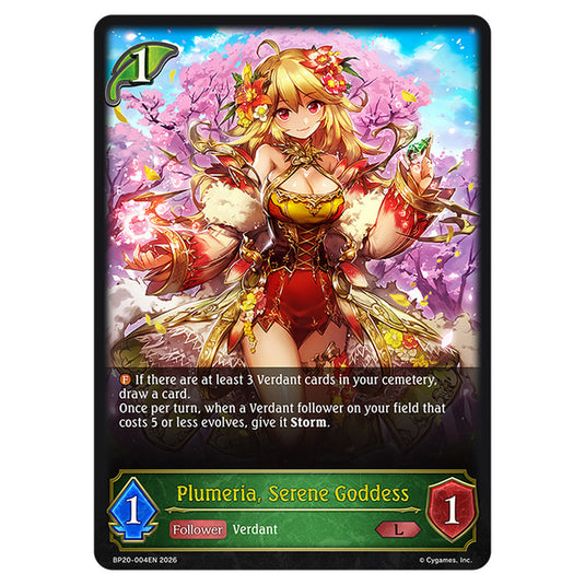 Plumeria, Serene Goddess BP20-004EN card from the Shadowverse: Evolve set Eightfold Retribution & Omens and Heirs