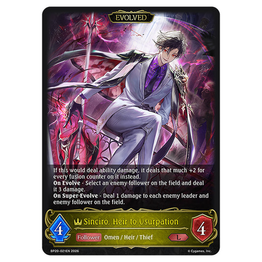 Sinciro, Heir to Usurpation BP20-021EN card from the Shadowverse: Evolve set Eightfold Retribution & Omens and Heirs
