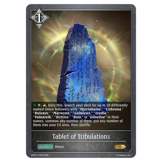 Tablet of Tribulations BP20-117EN card from the Shadowverse: Evolve set Eightfold Retribution & Omens and Heirs