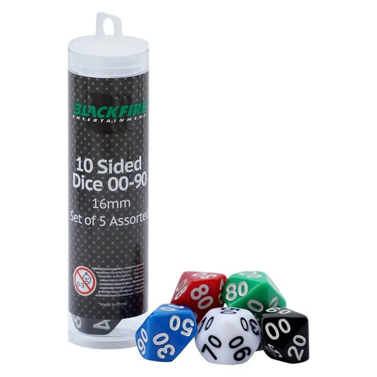 Blackfire Dice - 16mm assorted d10 (00-90) (percentile) in Tube (5 Dice)