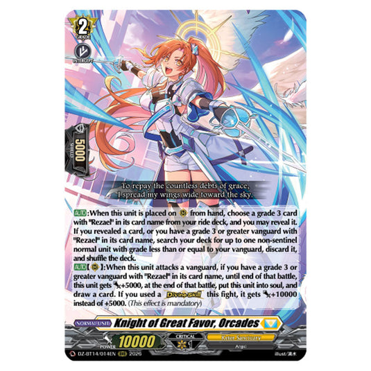 Knight of Great Favor, Orcades DZ-BT14/014EN card from the Cardfight!! Vanguard set Envoys of the Crimson Moon