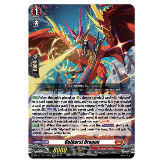 Outburst Dragon DZ-BT14/025EN card from the Cardfight!! Vanguard set Envoys of the Crimson Moon