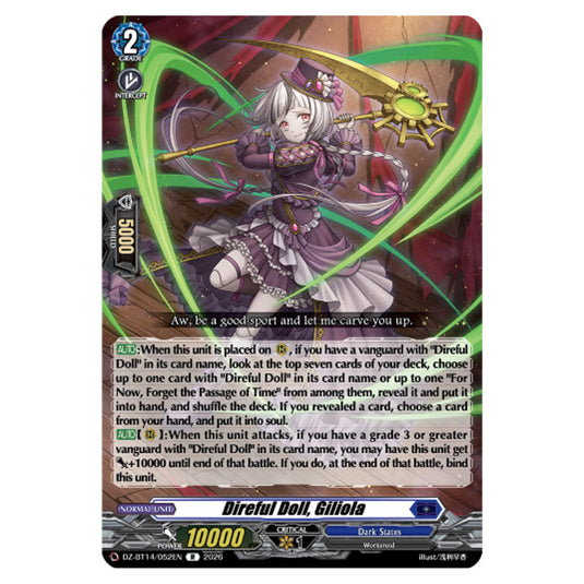 Direful Doll, Giliola DZ-BT14/052EN card from the Cardfight!! Vanguard set Envoys of the Crimson Moon