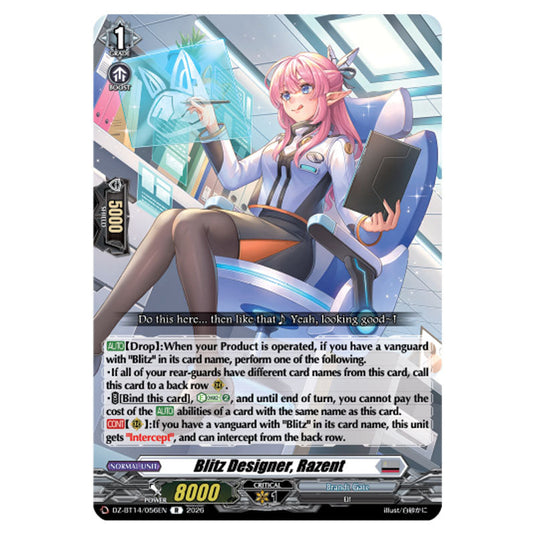 Blitz Designer, Razent DZ-BT14/056EN card from the Cardfight!! Vanguard set Envoys of the Crimson Moon