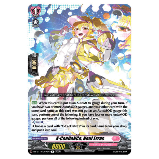 X-CeeDaNCe, Neui Erras DZ-BT14/067EN card from the Cardfight!! Vanguard set Envoys of the Crimson Moon