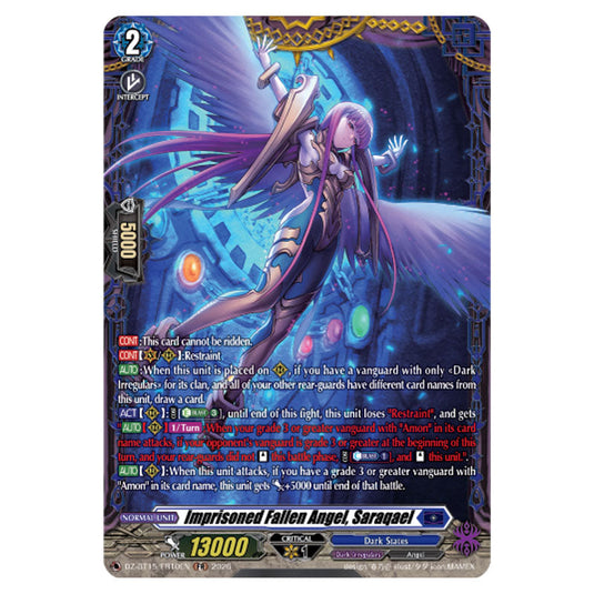 Imprisoned Fallen Angel, Saraqael DZ-BT15/FR10EN card from the Cardfight!! Vanguard set Strike of Illusionary Shadows
