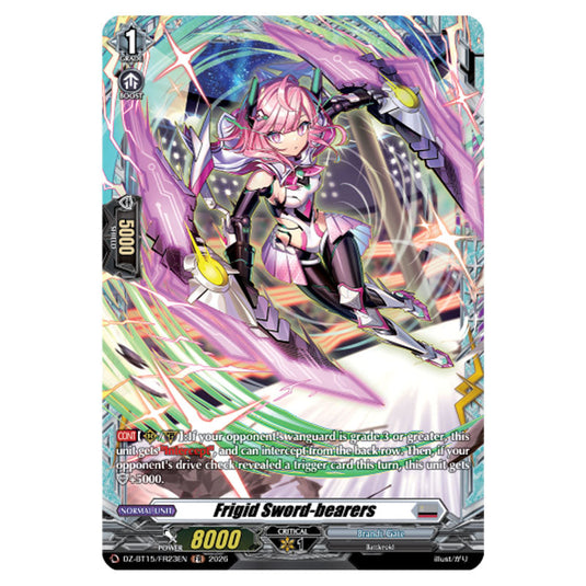Frigid Sword-bearers DZ-BT15/FR23EN card from the Cardfight!! Vanguard set Strike of Illusionary Shadows