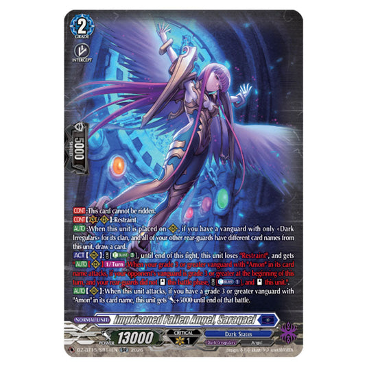 Imprisoned Fallen Angel, Saraqael DZ-BT15/SR14EN card from the Cardfight!! Vanguard set Strike of Illusionary Shadows
