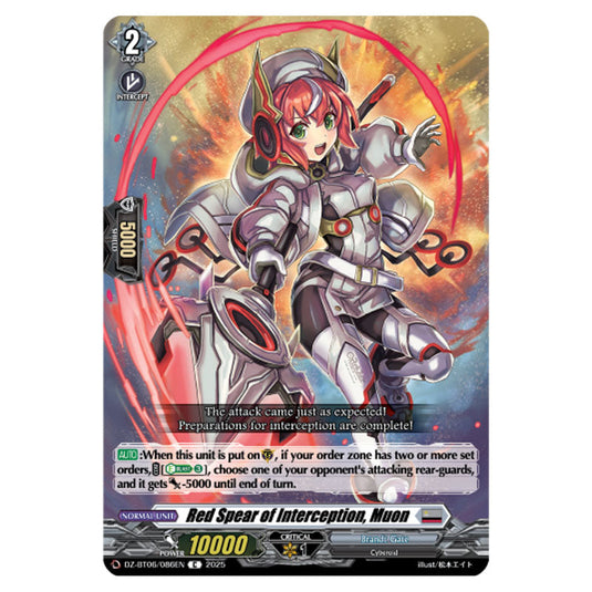 Red Spear of Interception, Muon DZ-BT06/086EN card from the Cardfight!! Vanguard set Generation Dragenesis