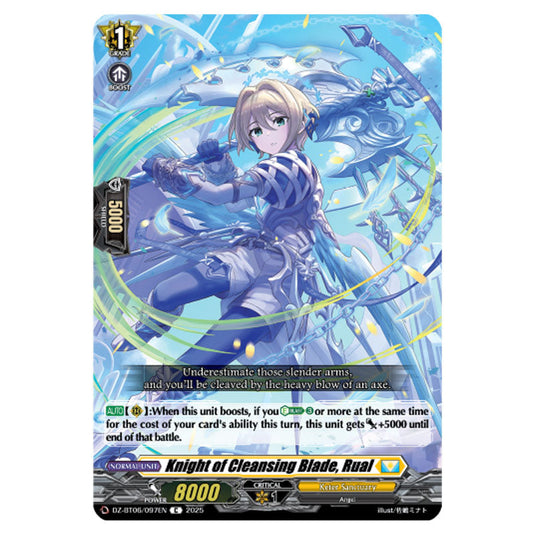 Knight of Cleansing Blade, Rual DZ-BT06/097EN card from the Cardfight!! Vanguard set Generation Dragenesis