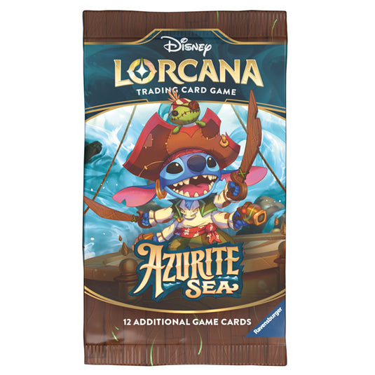 A front facing shot of the Lorcana Azurite Sea Booster Pack featuring a Pirate Stitch