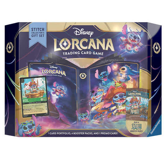 A front Facing Shot of the Lorcana Azurite Sea Gift Set. The front packaging features many different versions of Stitch, perfect for those Disney Stitch fans