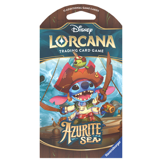 A front shot of the Lorcana Azruite Sea Sleeved Booster Featuring Stitch