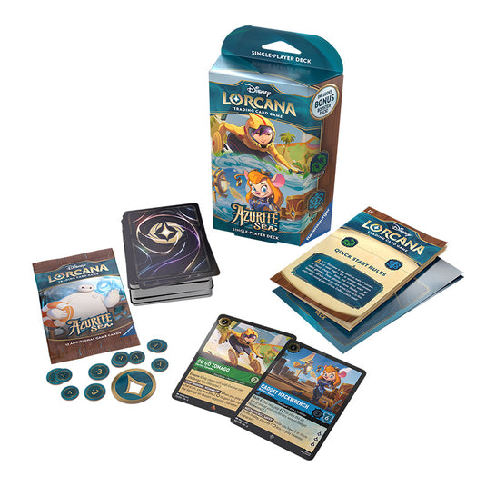 A look inside the Lorcana Azurite Sea Starter Deck Go Go Tomago & Gadget Hackwrench. You can see some counters, a 60 card deck, a rulebook and 2 foil promo cards featuring Go Go Tomago & Gadget Hackwrench