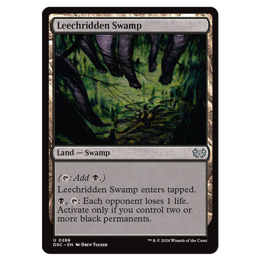 Leechridden Swamp 286 card from the Magic The Gathering set Duskmourn: House of Horror Commander