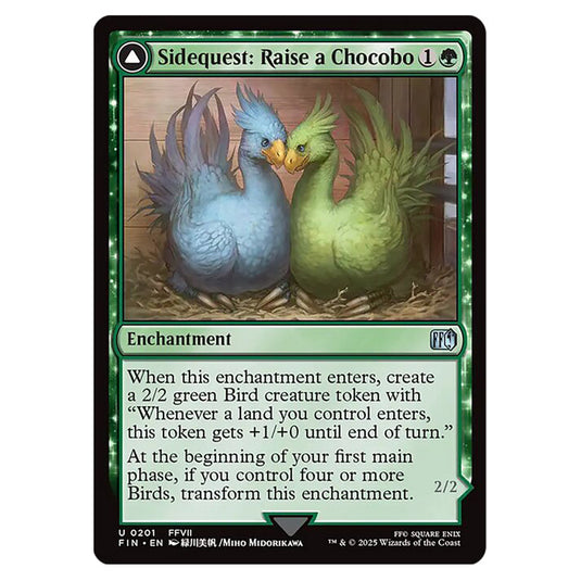 Sidequest: Raise a Chocobo // Black Chocobo 0201 card from the Magic The Gathering set Universes Beyond - Final Fantasy