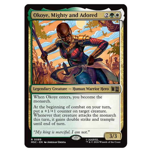 Okoye, Mighty and Adored 0089 card from the Magic The Gathering set Marvel Super Heroes Commander