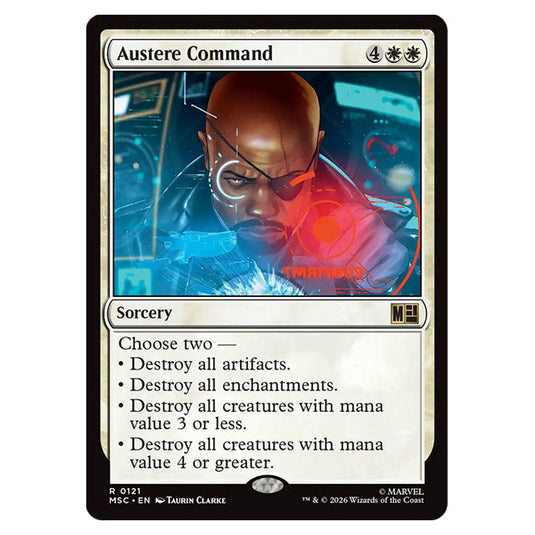 Austere Command 0121 card from the Magic The Gathering set Marvel Super Heroes Commander