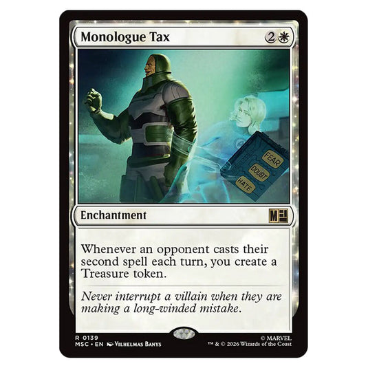 Monologue Tax 0139 card from the Magic The Gathering set Marvel Super Heroes Commander