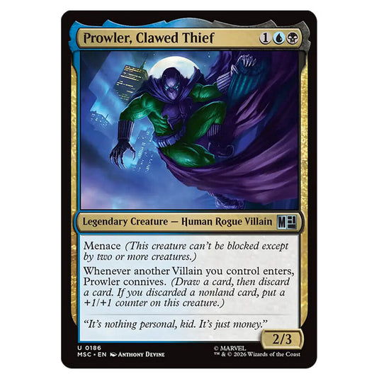 Prowler, Clawed Thief 0186 card from the Magic The Gathering set Marvel Super Heroes Commander