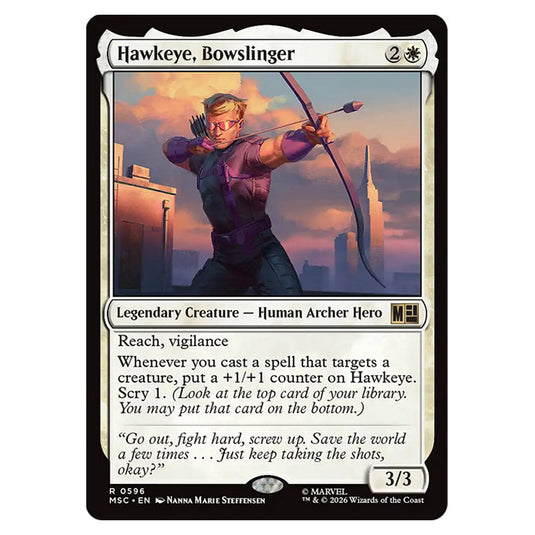 Hawkeye, Bowslinger 0596 card from the Magic The Gathering set Marvel Super Heroes Commander