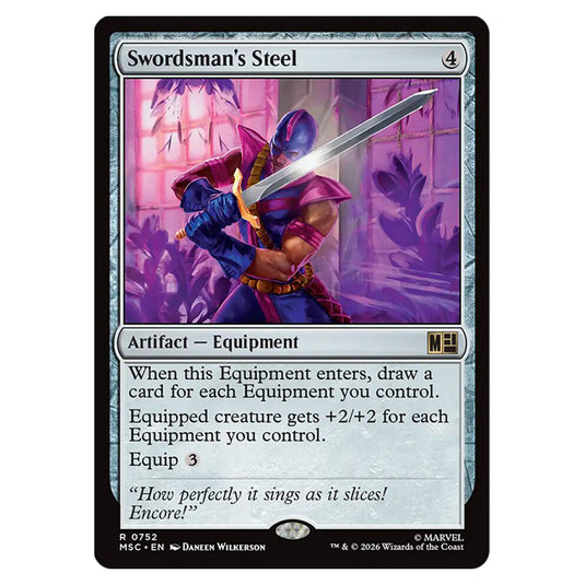 Swordsman's Steel 0752 card from the Magic The Gathering set Marvel Super Heroes Commander