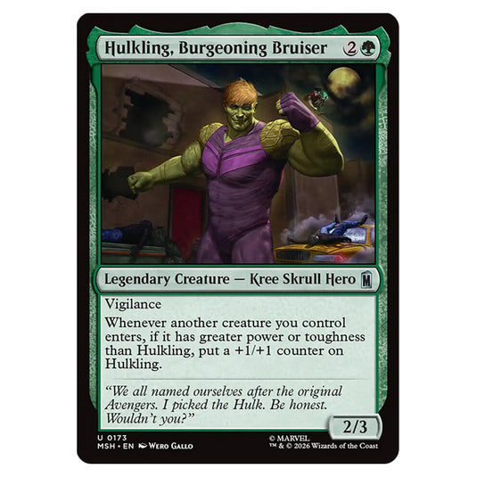 Hulkling, Burgeoning Bruiser 0173 card from the Magic The Gathering set Marvel Super Heroes
