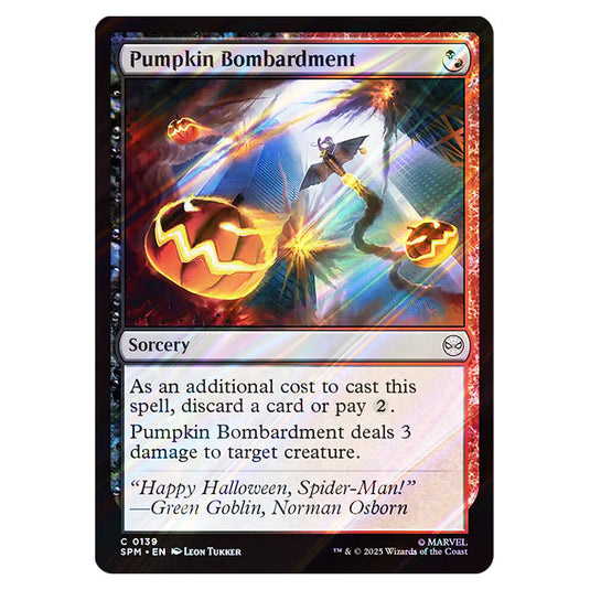 Pumpkin Bombardment 0139 card from the Magic The Gathering set Marvel's Spider-Man
