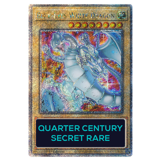Blue-Eyes White Dragon (New Artwork) RA04-EN002-QCSR card from the Yu-Gi-Oh! set Quarter Century Stampede
