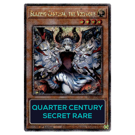 Blazing Cartesia, the Virtuous (New Artwork) RA04-EN041-QCSR card from the Yu-Gi-Oh! set Quarter Century Stampede