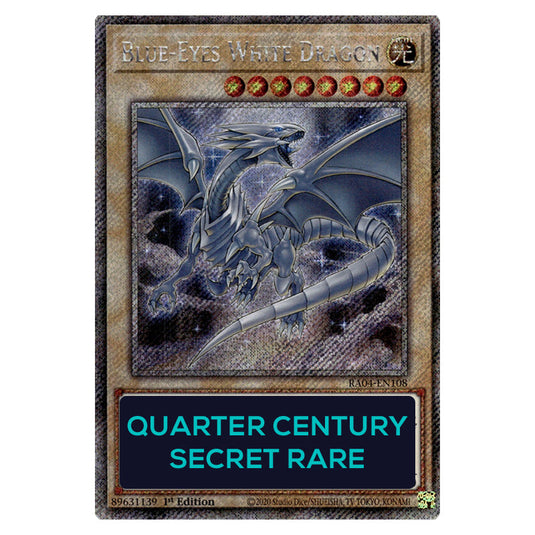 Blue-Eyes White Dragon (7th Artwork) RA04-EN108a-QCSR card from the Yu-Gi-Oh! set Quarter Century Stampede