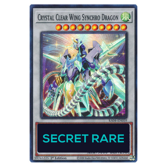Crystal Clear Wing Synchro Dragon RA04-EN059-SCR card from the Yu-Gi-Oh! set Quarter Century Stampede
