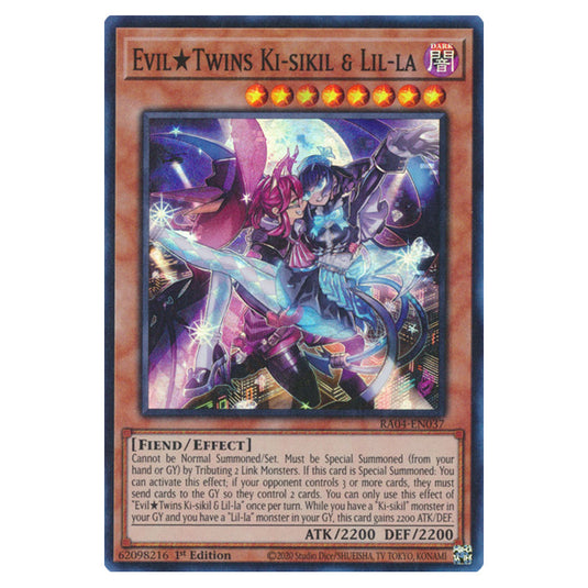 Evil★Twins Ki-sikil & Lil-la RA04-EN037-SR card from the Yu-Gi-Oh! set Quarter Century Stampede