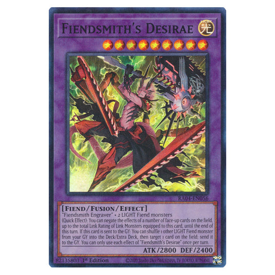 Fiendsmith's Desirae RA04-EN056-SR card from the Yu-Gi-Oh! set Quarter Century Stampede