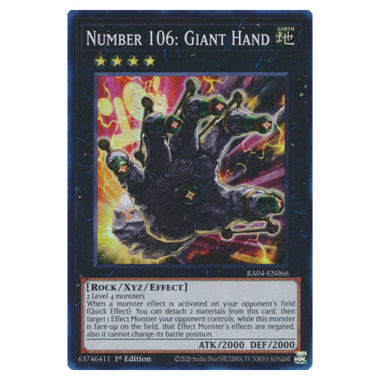 Number 106: Giant Hand RA04-EN066-SR card from the Yu-Gi-Oh! set Quarter Century Stampede