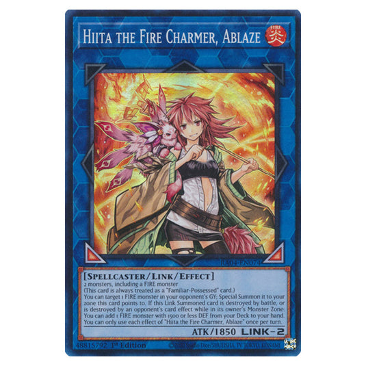 Hiita the Fire Charmer, Ablaze RA04-EN074-SR card from the Yu-Gi-Oh! set Quarter Century Stampede