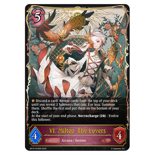 VI. Milteo, The Lovers BP10-074EN card from the Shadowverse: Evolve set Gods of the Arcana